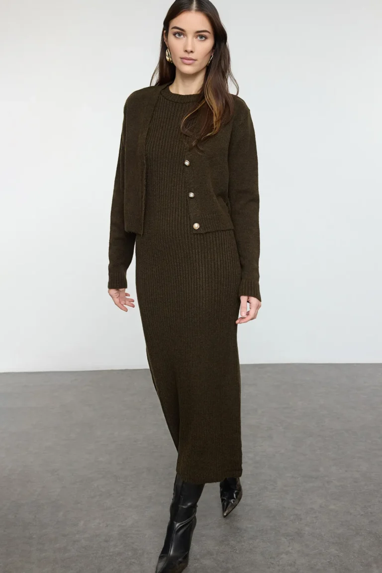 Dark Khaki Corduroy Soft Texture Knitted Dress Cardigan Set