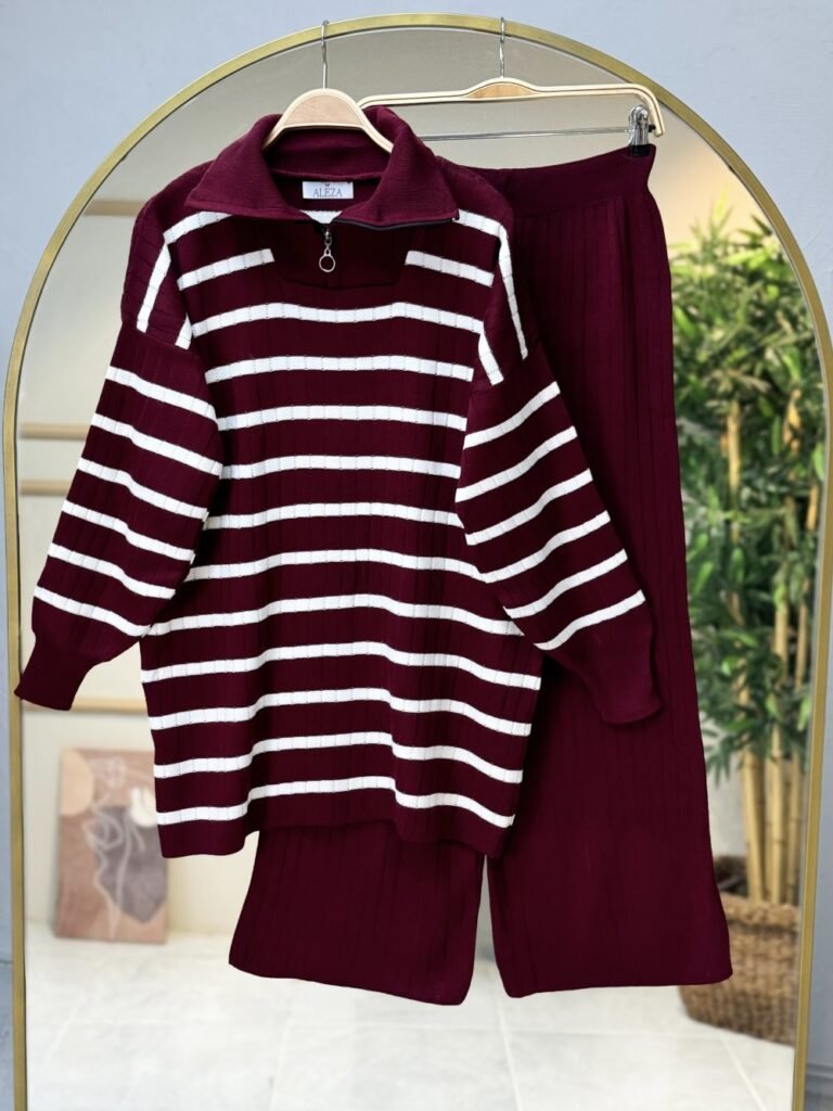 Corduroy Colored Knitwear Set Claret Red