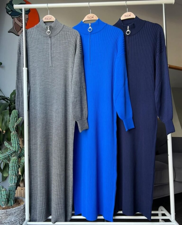 Zippered Collar Knitwear Dress Saxe Blue
