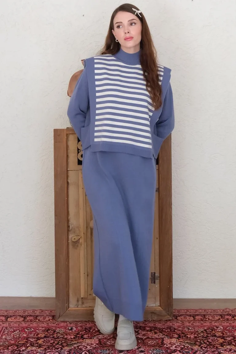 White Striped Sweater Knit Dress Set