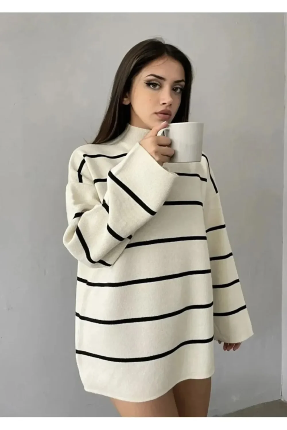 Turtleneck Black Striped Knitted Sweater - Image 2