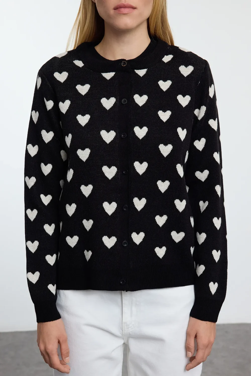Black Crew Neck Heart Detailed Two Piece Set Knitwear Blouse-Cardigan - Image 5