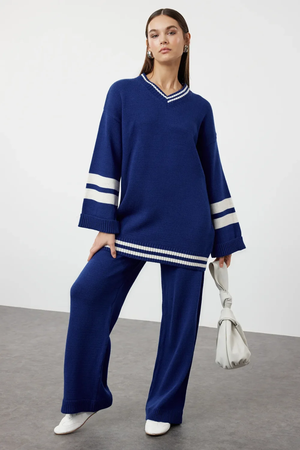 Color Block Striped Knitwear Top-Bottom Skirt Sweater Set - Image 3