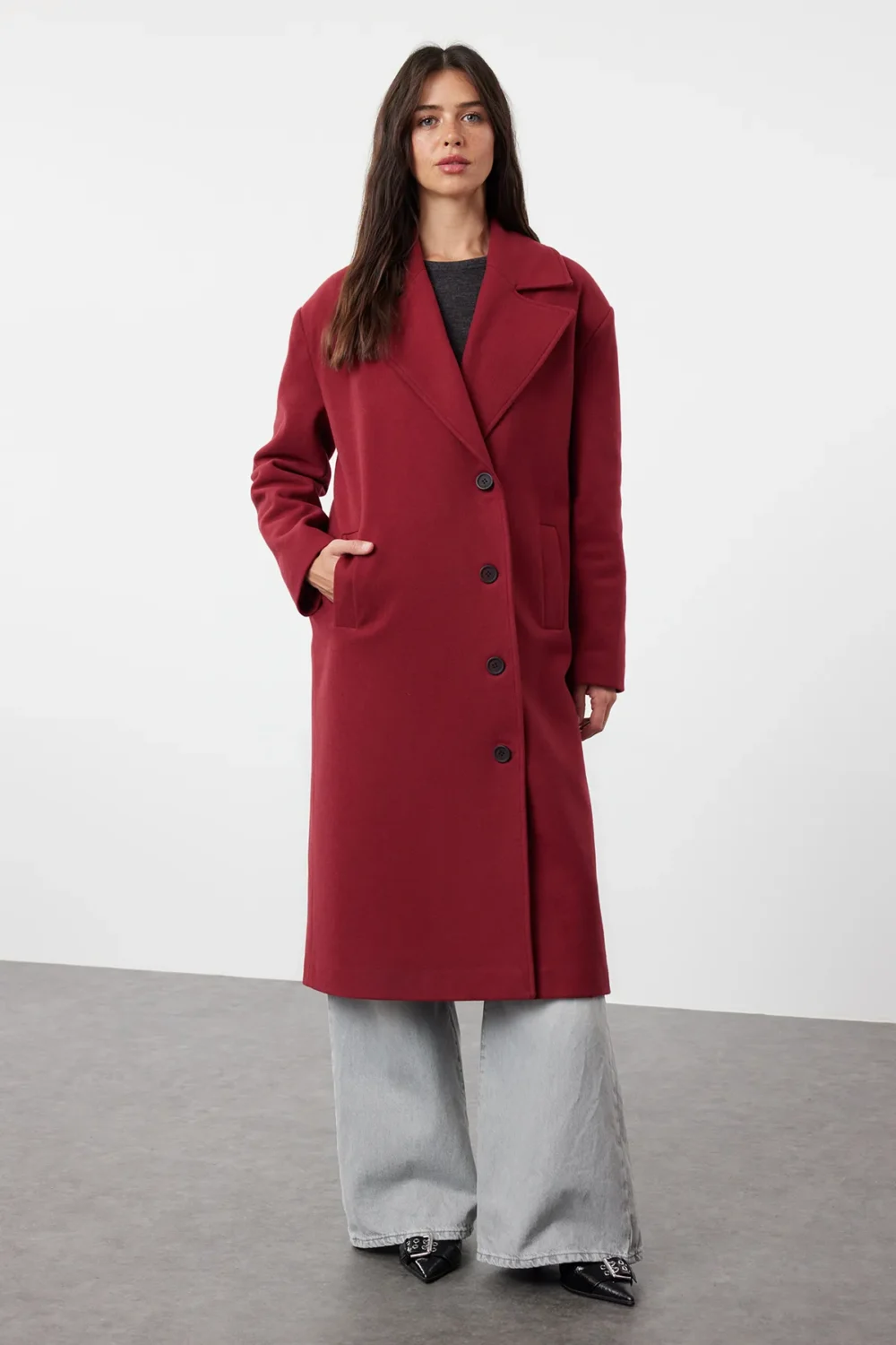 Claret Red Asymmetric Closure Soft Texture Oversize Coat - Image 7
