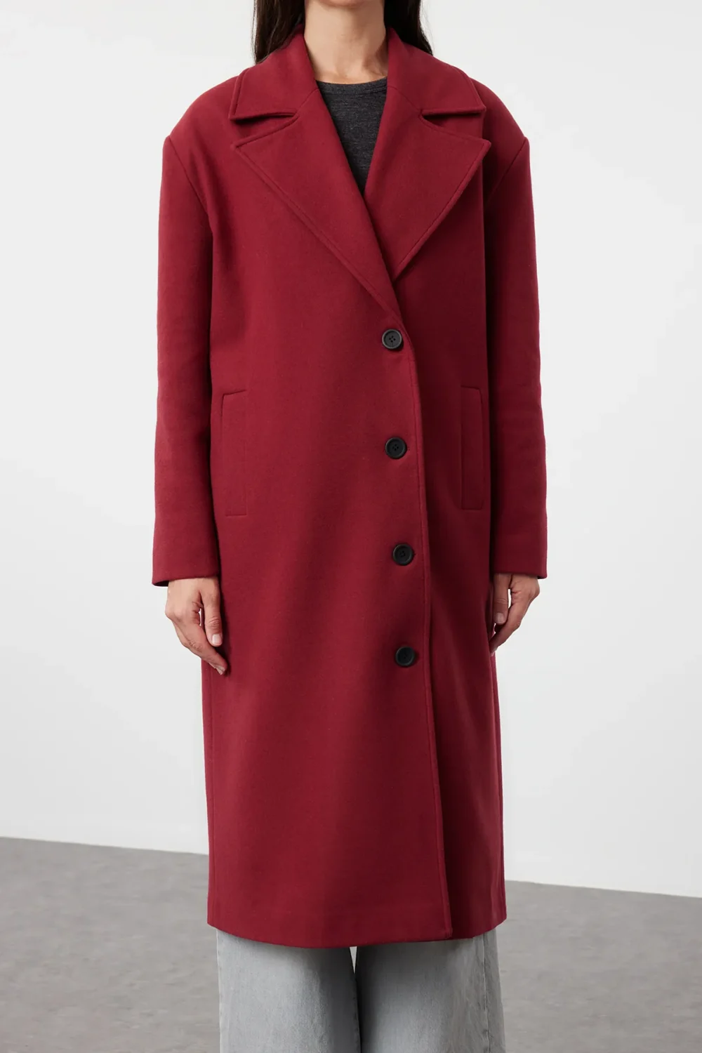 Claret Red Asymmetric Closure Soft Texture Oversize Coat - Image 6