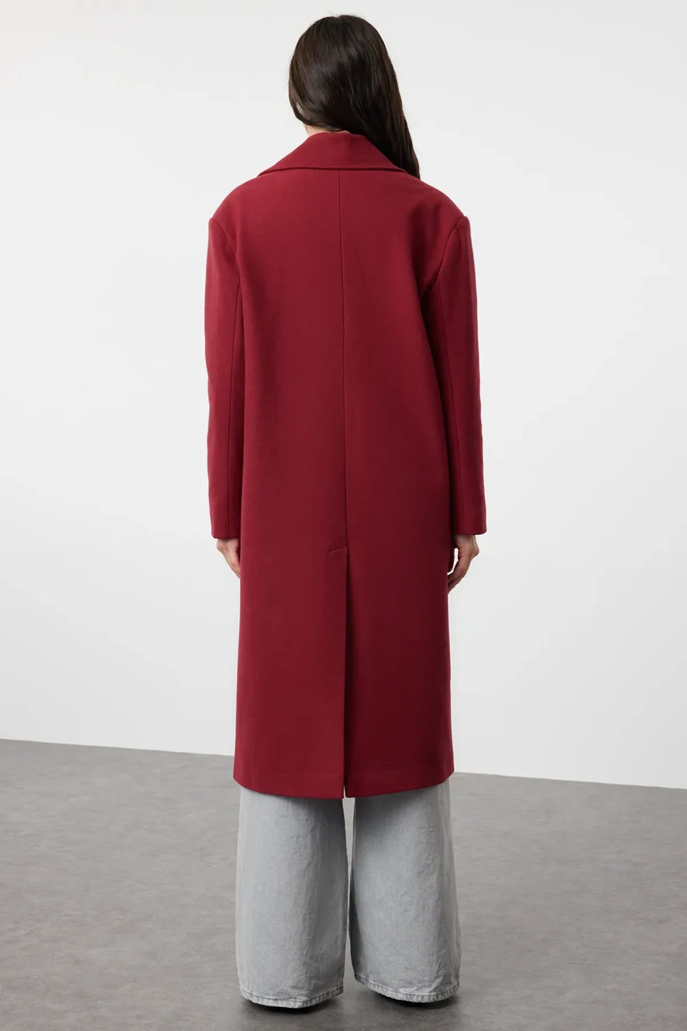 Claret Red Asymmetric Closure Soft Texture Oversize Coat - Image 4