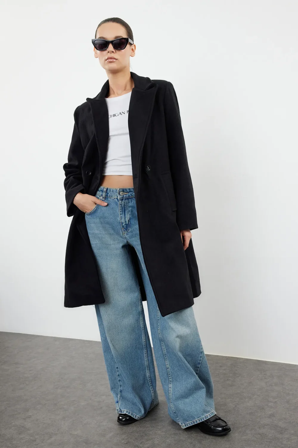 Black Double Breasted Regular Woolen Midi Coat - Image 2