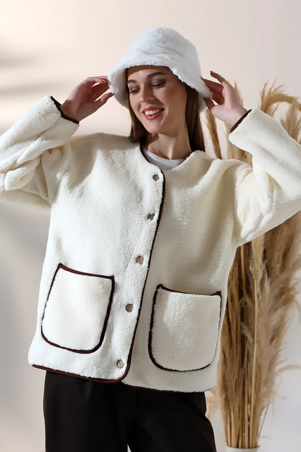 Women's White Plush Welsoft Pocket 100% Polyester Cardigan - Image 6