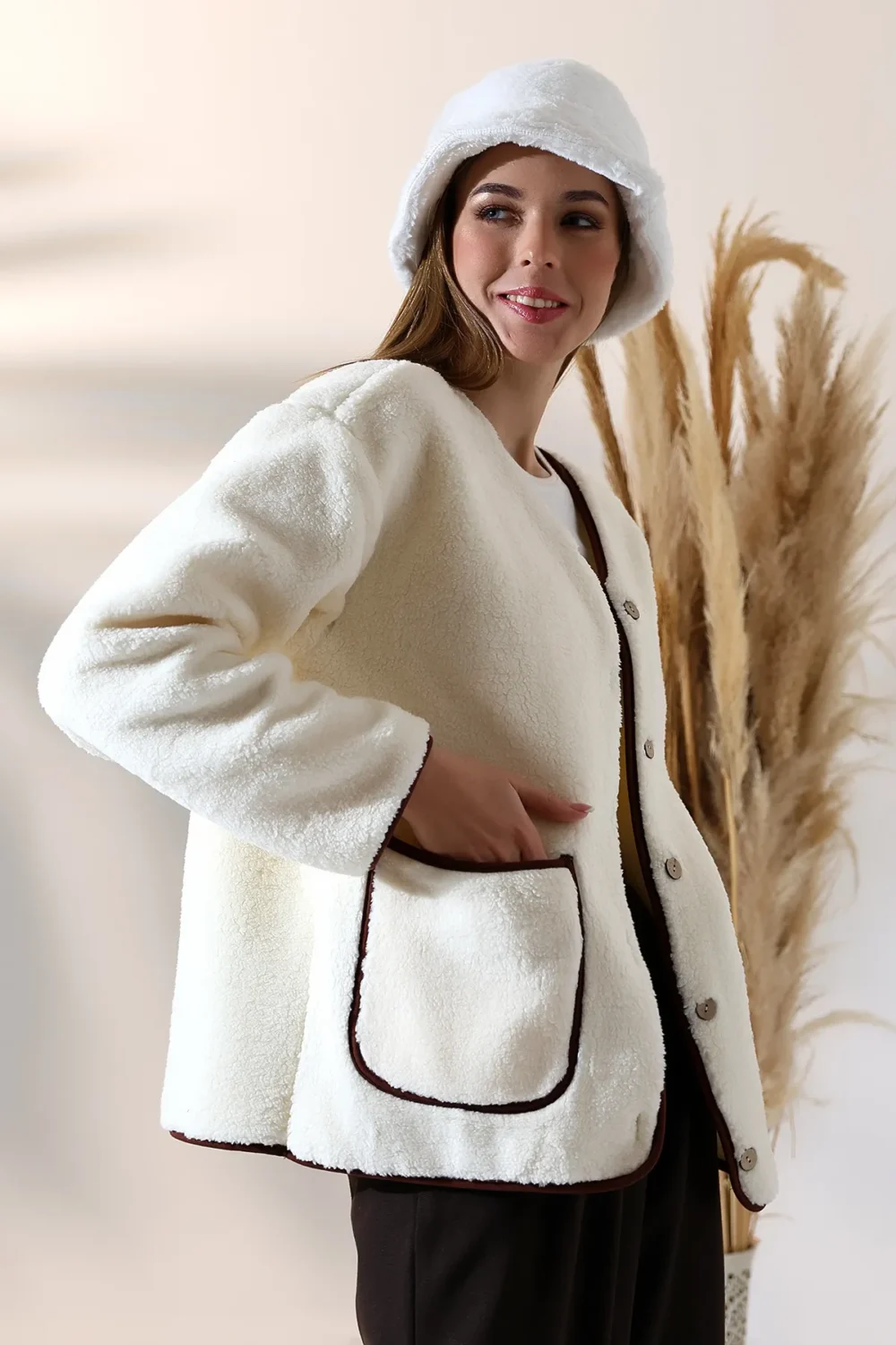 Women's White Plush Welsoft Pocket 100% Polyester Cardigan - Image 5