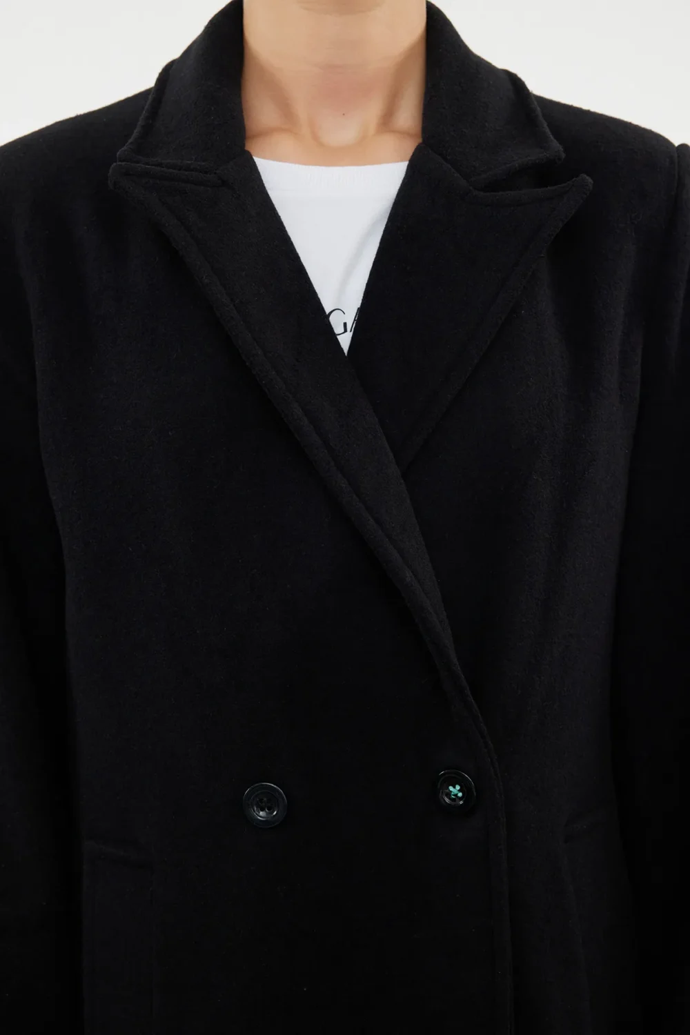 Black Double Breasted Regular Woolen Midi Coat - Image 6