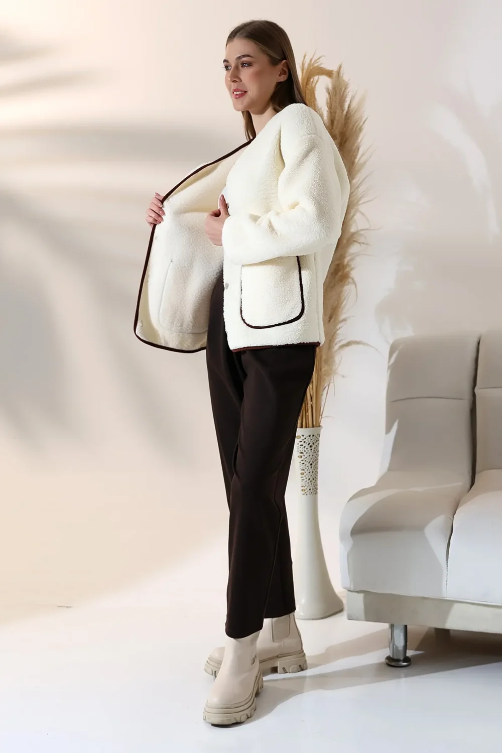 Women's White Plush Welsoft Pocket 100% Polyester Cardigan - Image 4