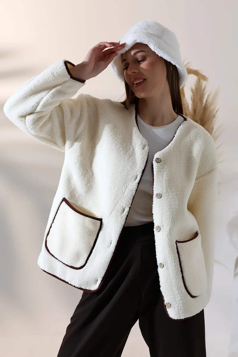 Women's White Plush Welsoft Pocket 100% Polyester Cardigan - Image 3