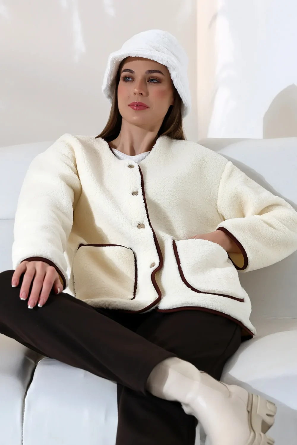 Women's White Plush Welsoft Pocket 100% Polyester Cardigan - Image 2