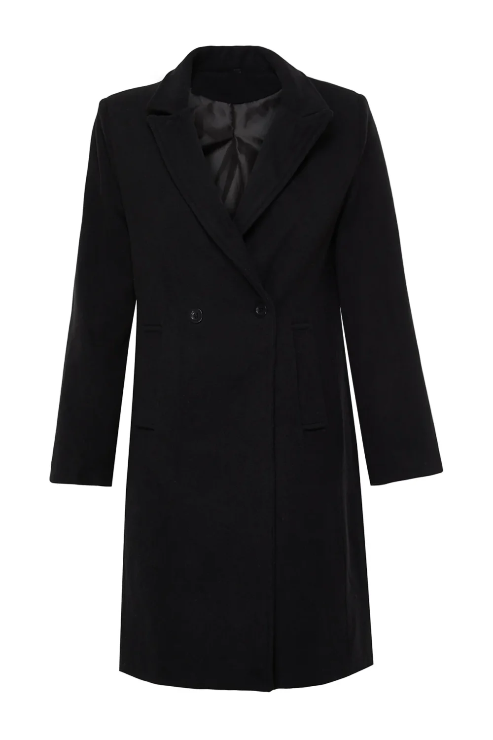 Black Double Breasted Regular Woolen Midi Coat - Image 3
