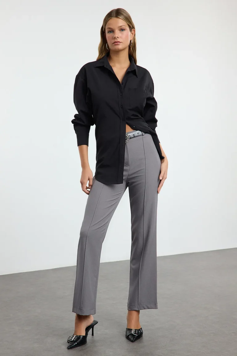 Gray Straight Cut High Waist Ribbed Woven Trousers