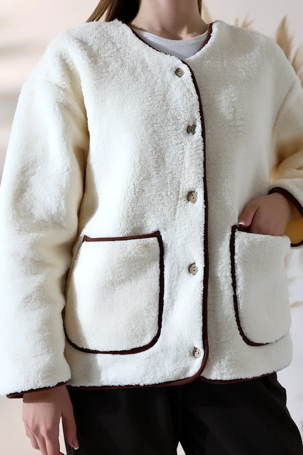 Women's White Plush Welsoft Pocket 100% Polyester Cardigan - Image 7