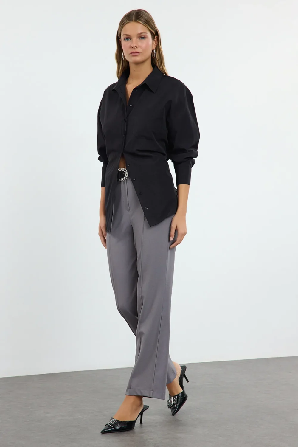 Gray Straight Cut High Waist Ribbed Woven Trousers - Image 4