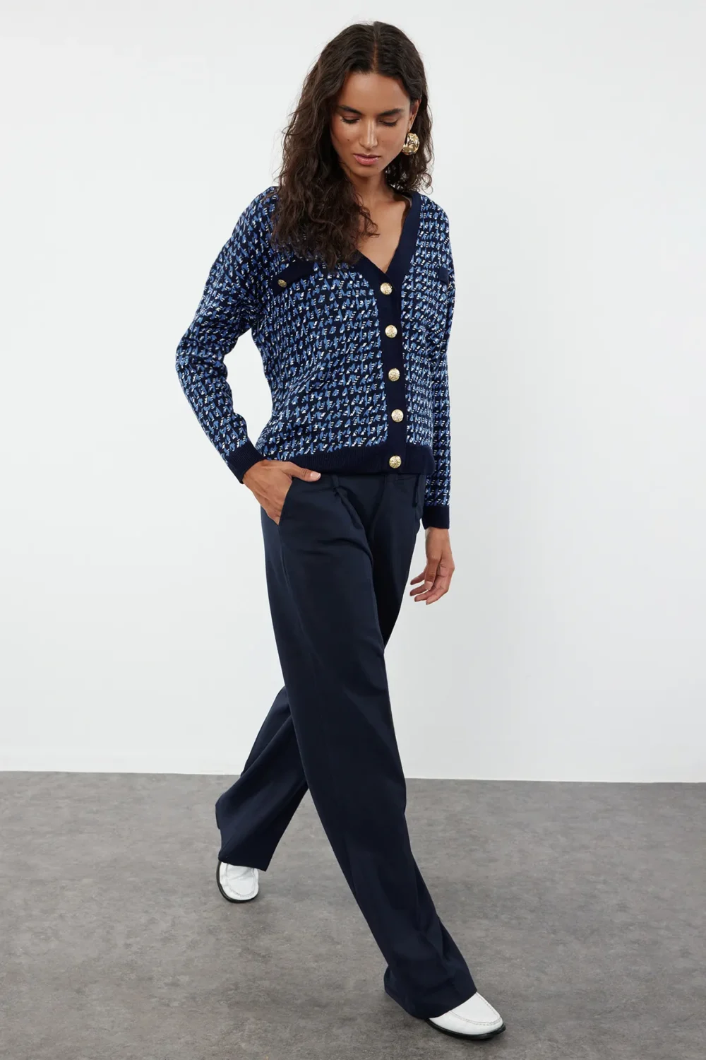 Navy Blue Wide Pattern Knitwear Cardigan - Image 2