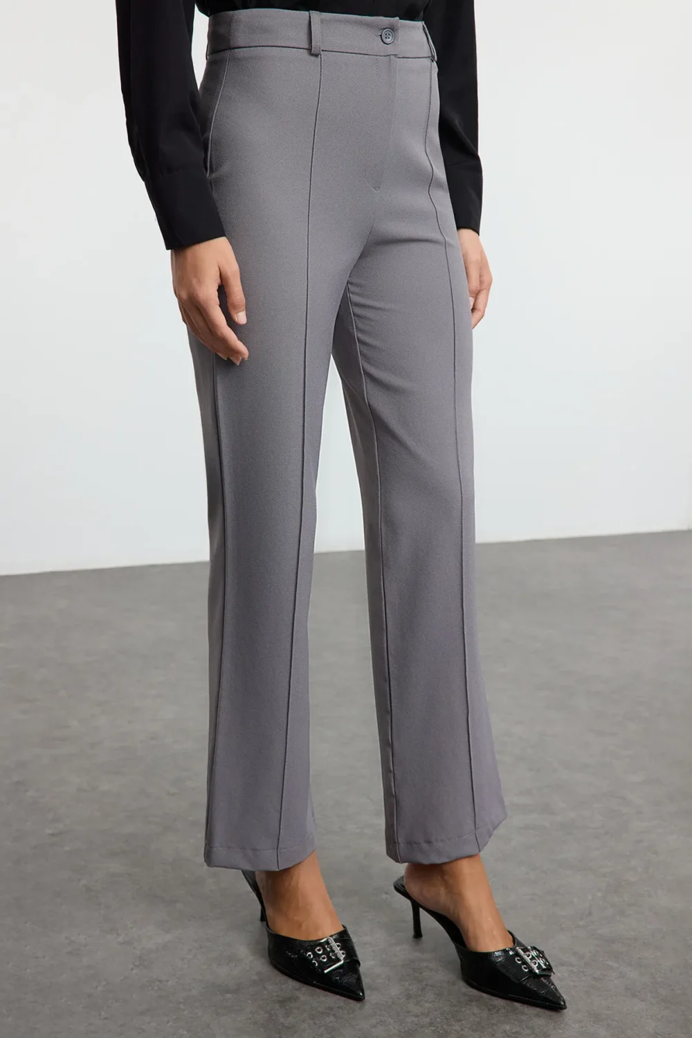 Gray Straight Cut High Waist Ribbed Woven Trousers - Image 3