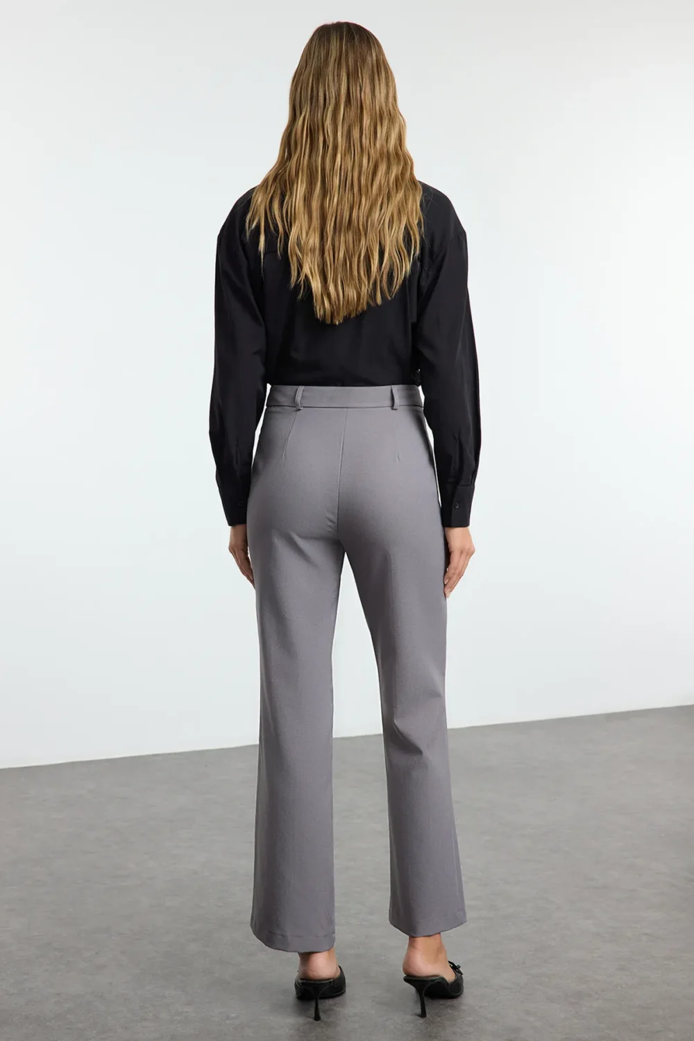 Gray Straight Cut High Waist Ribbed Woven Trousers - Image 7