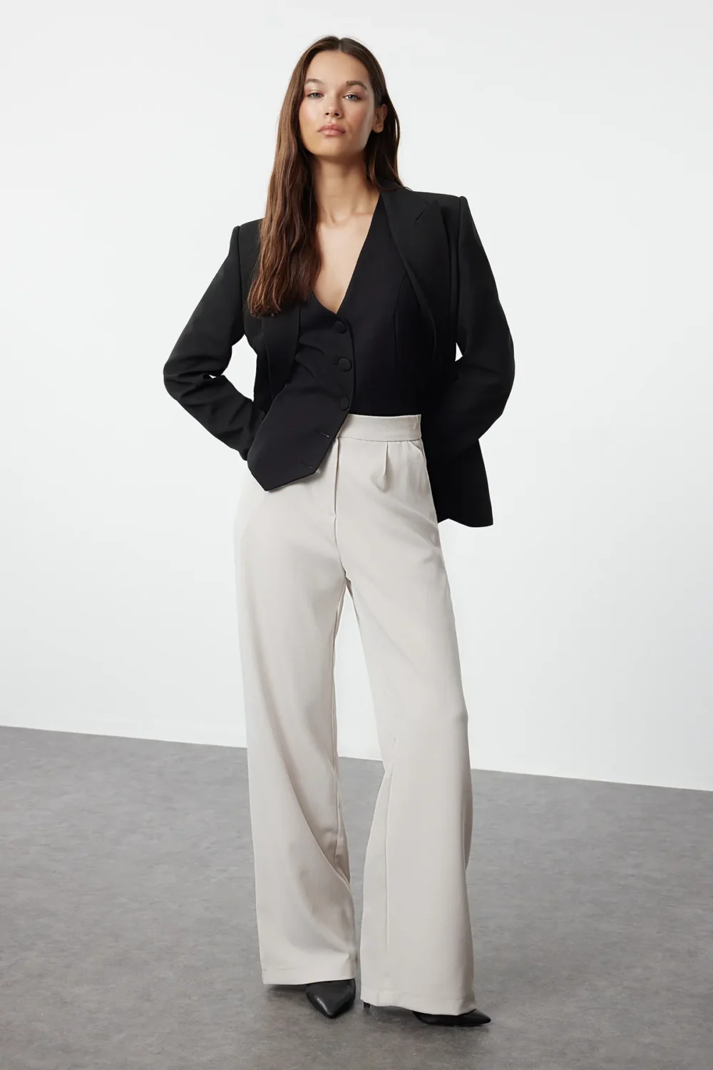 Beige Wide Leg/Wide Leg Woven Fabric Trousers - Image 3