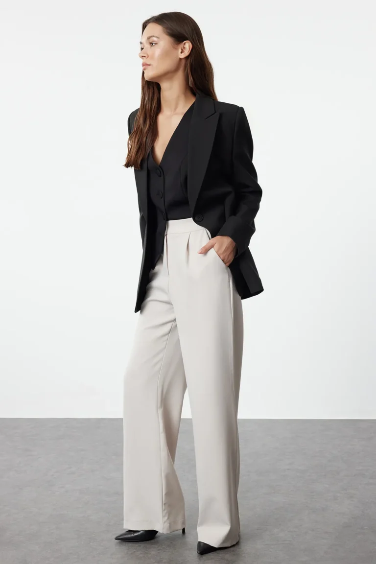 Beige Wide Leg/Wide Leg Woven Fabric Trousers