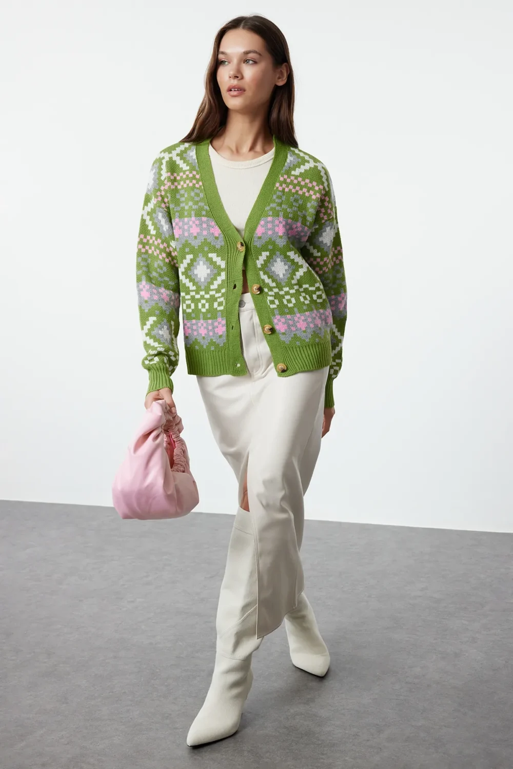 Lime Self-Patterned Knitwear Cardigan - Image 2