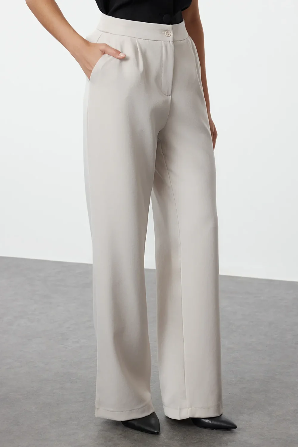Beige Wide Leg/Wide Leg Woven Fabric Trousers - Image 5