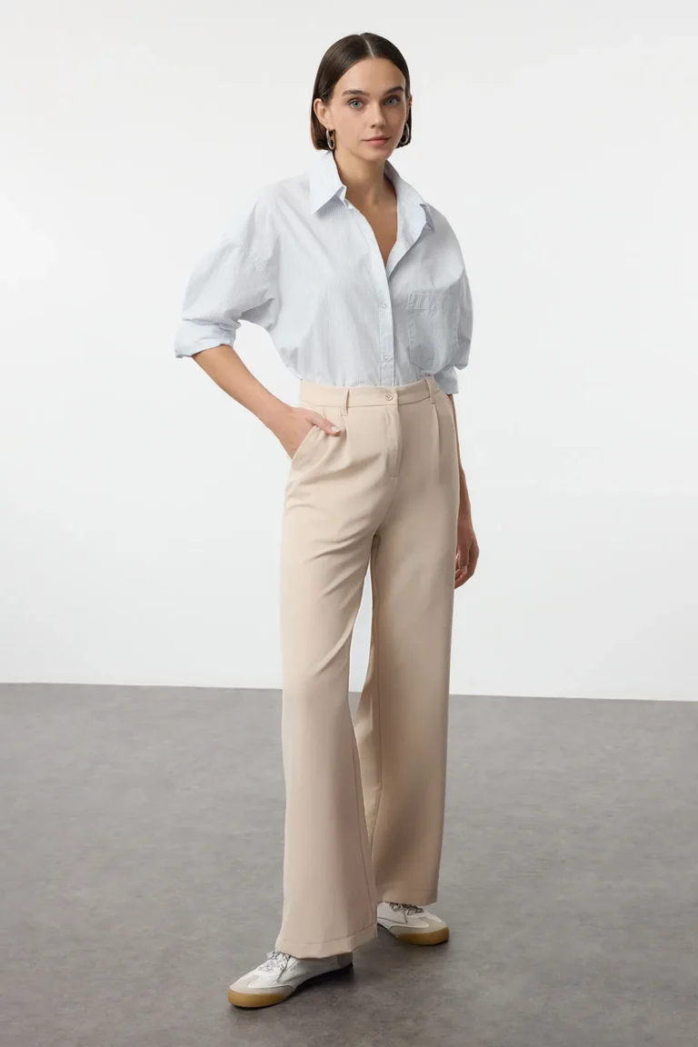 Stone High Waist Wide Leg Wide Leg Pleated Woven Fabric Trousers