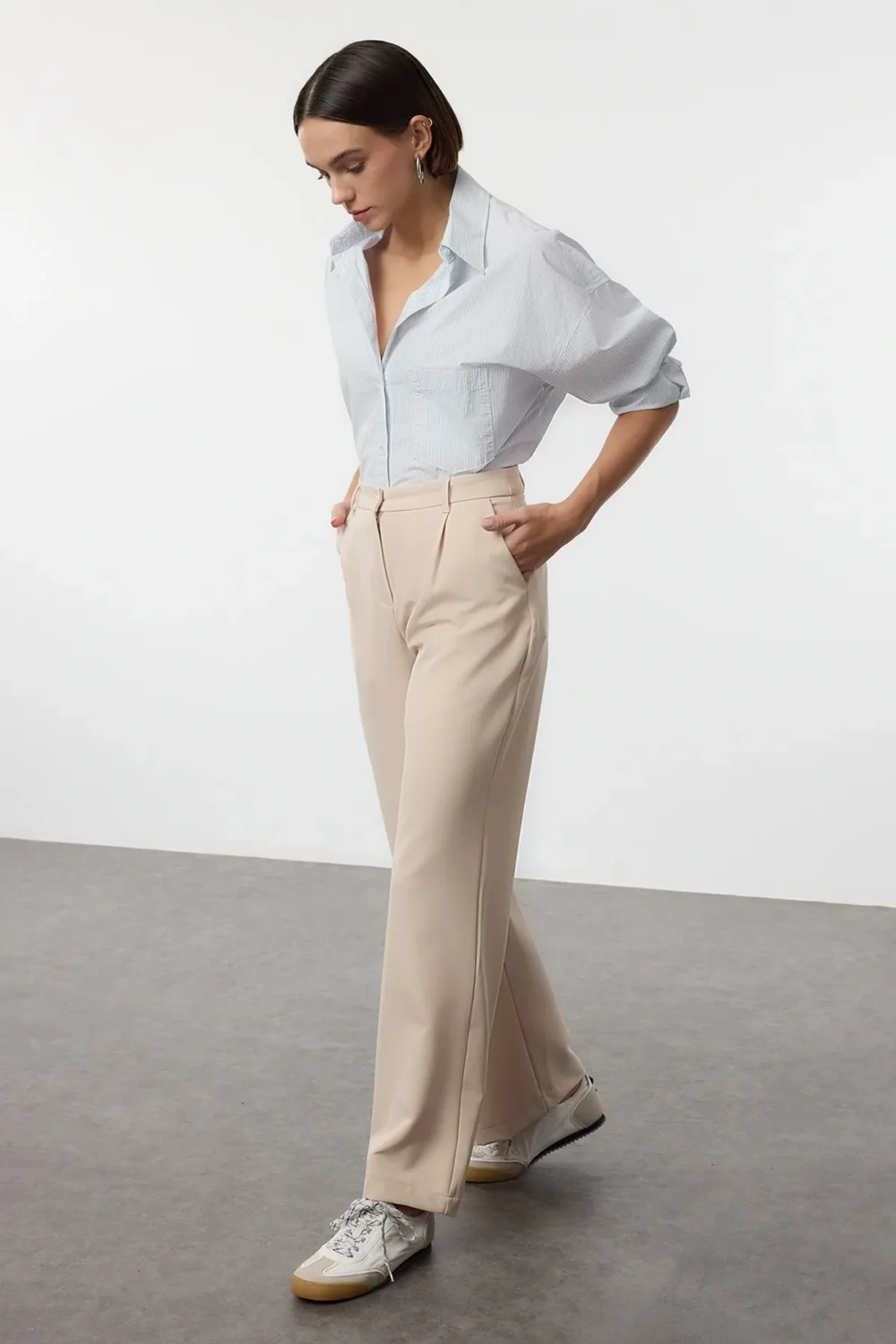 Stone High Waist Wide Leg Wide Leg Pleated Woven Fabric Trousers - Image 3