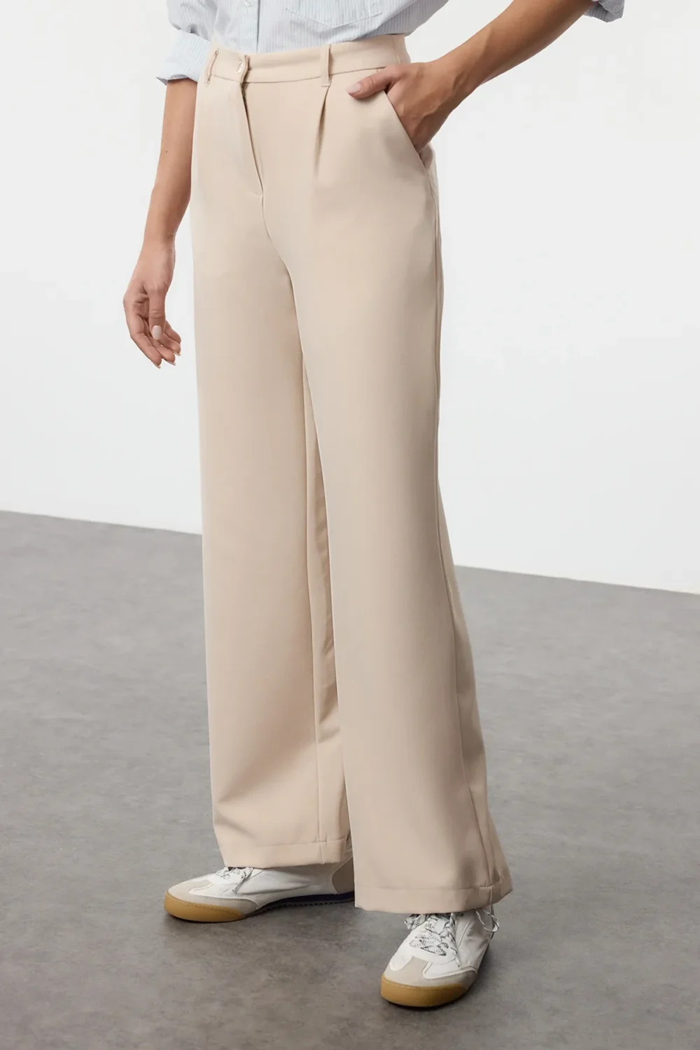 Stone High Waist Wide Leg Wide Leg Pleated Woven Fabric Trousers - Image 5