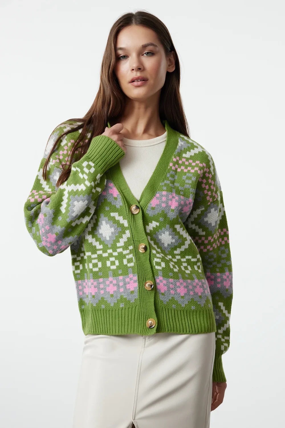 Lime Self-Patterned Knitwear Cardigan - Image 7