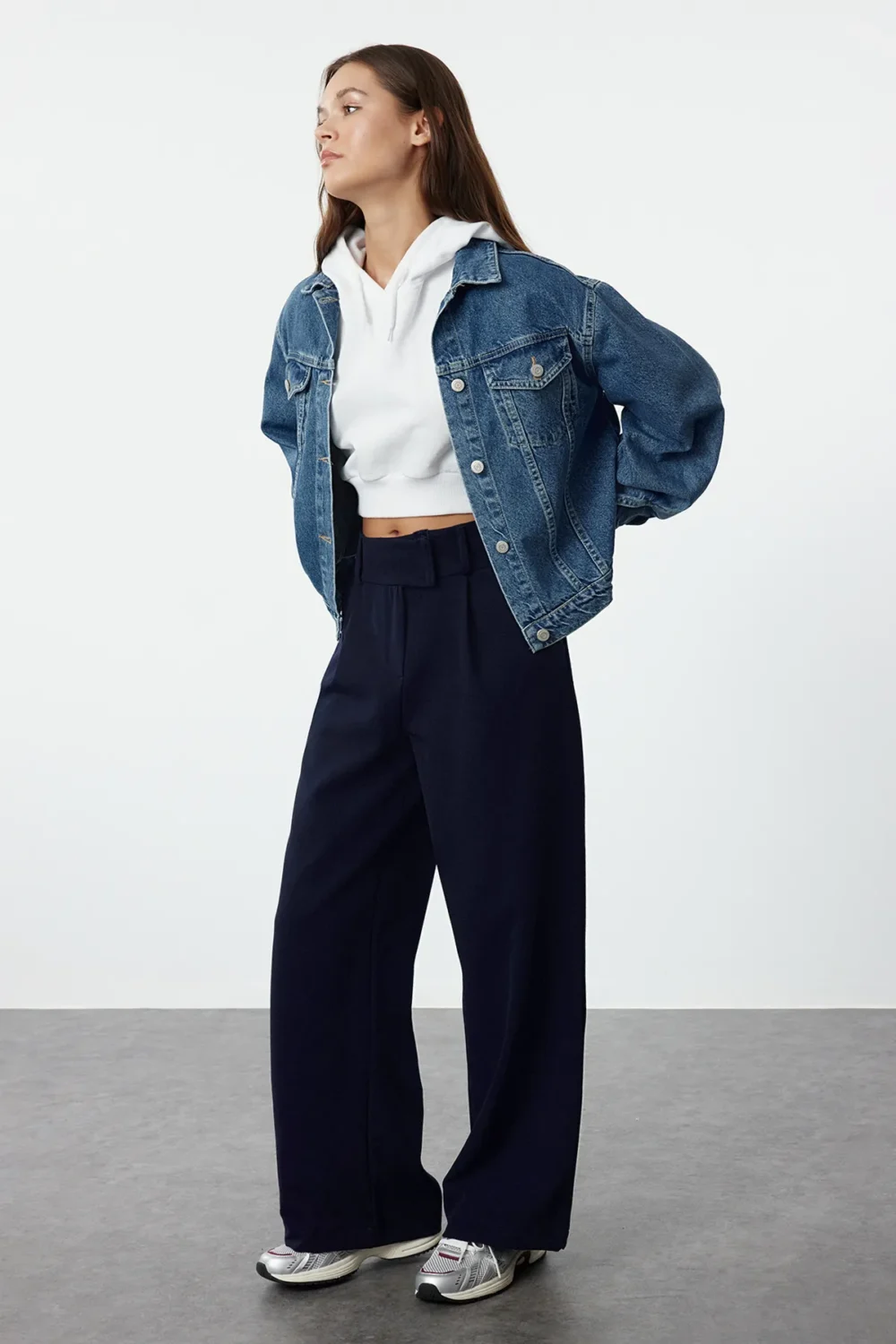 Navy Blue Waist Detailed Straight Cut Woven Fabric Trousers - Image 3