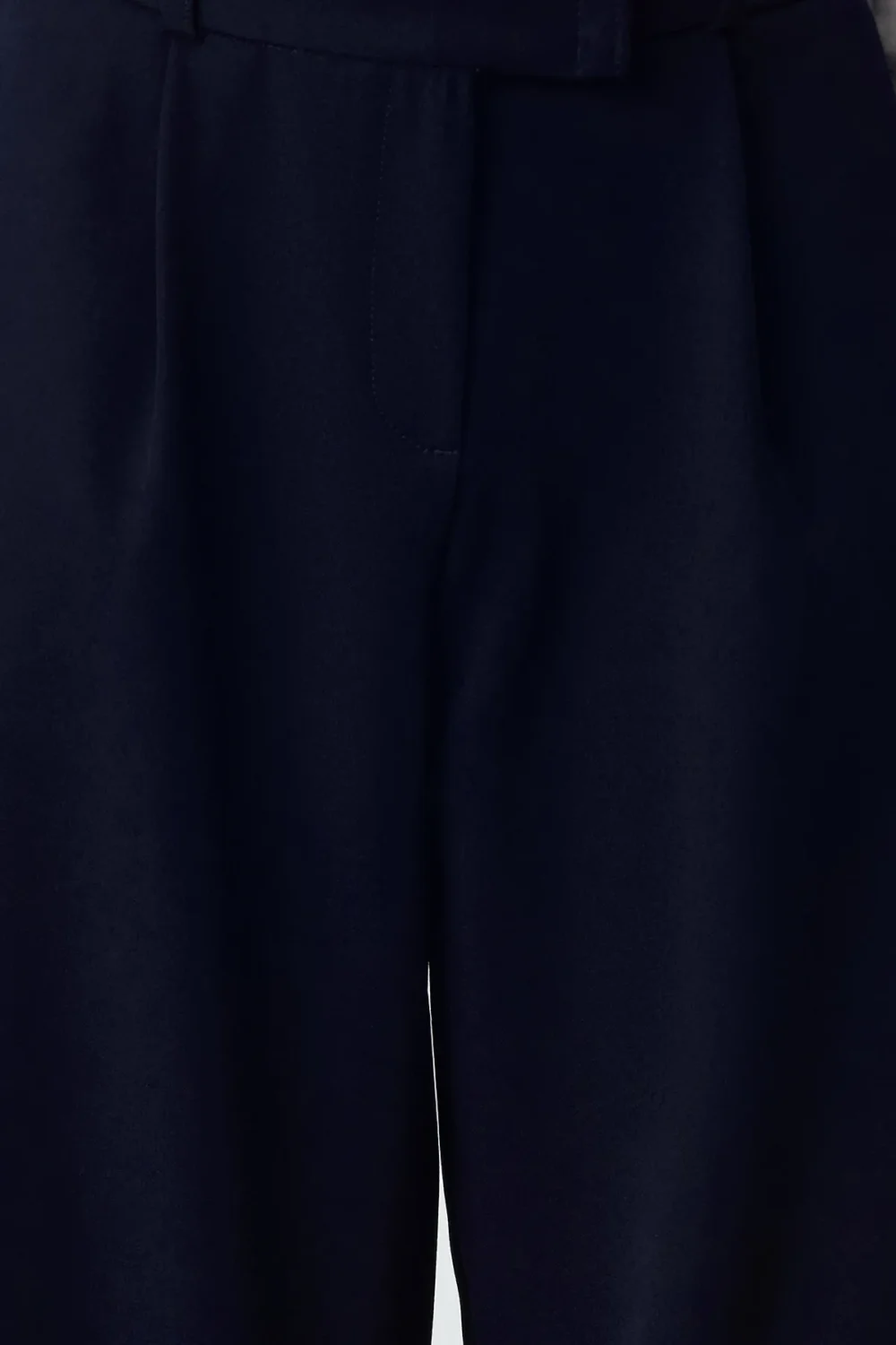 Navy Blue Waist Detailed Straight Cut Woven Fabric Trousers - Image 6