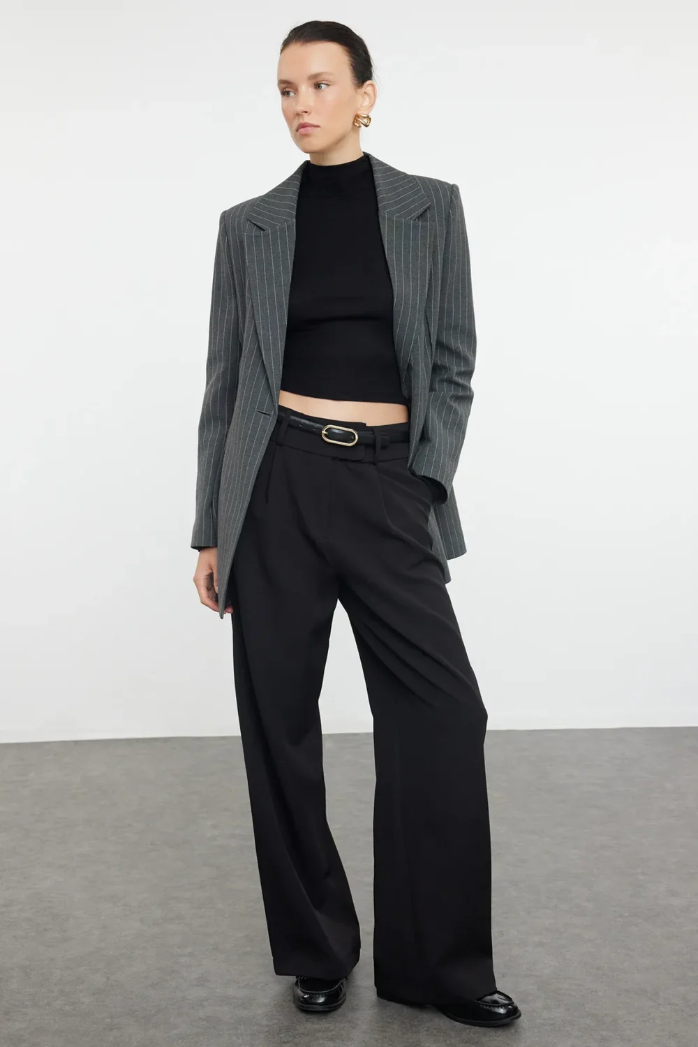 Black Waist Detailed Wide Leg/Wide Leg Woven Fabric Trousers - Image 2