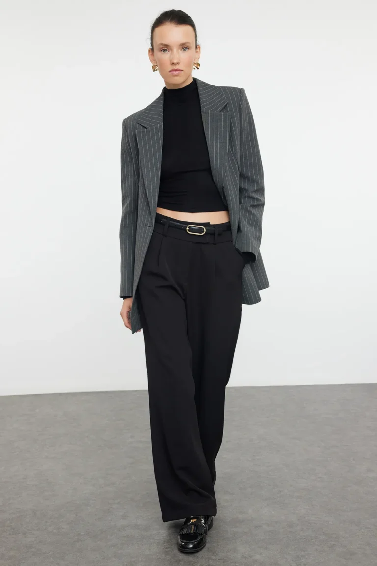 Black Waist Detailed Wide Leg/Wide Leg Woven Fabric Trousers