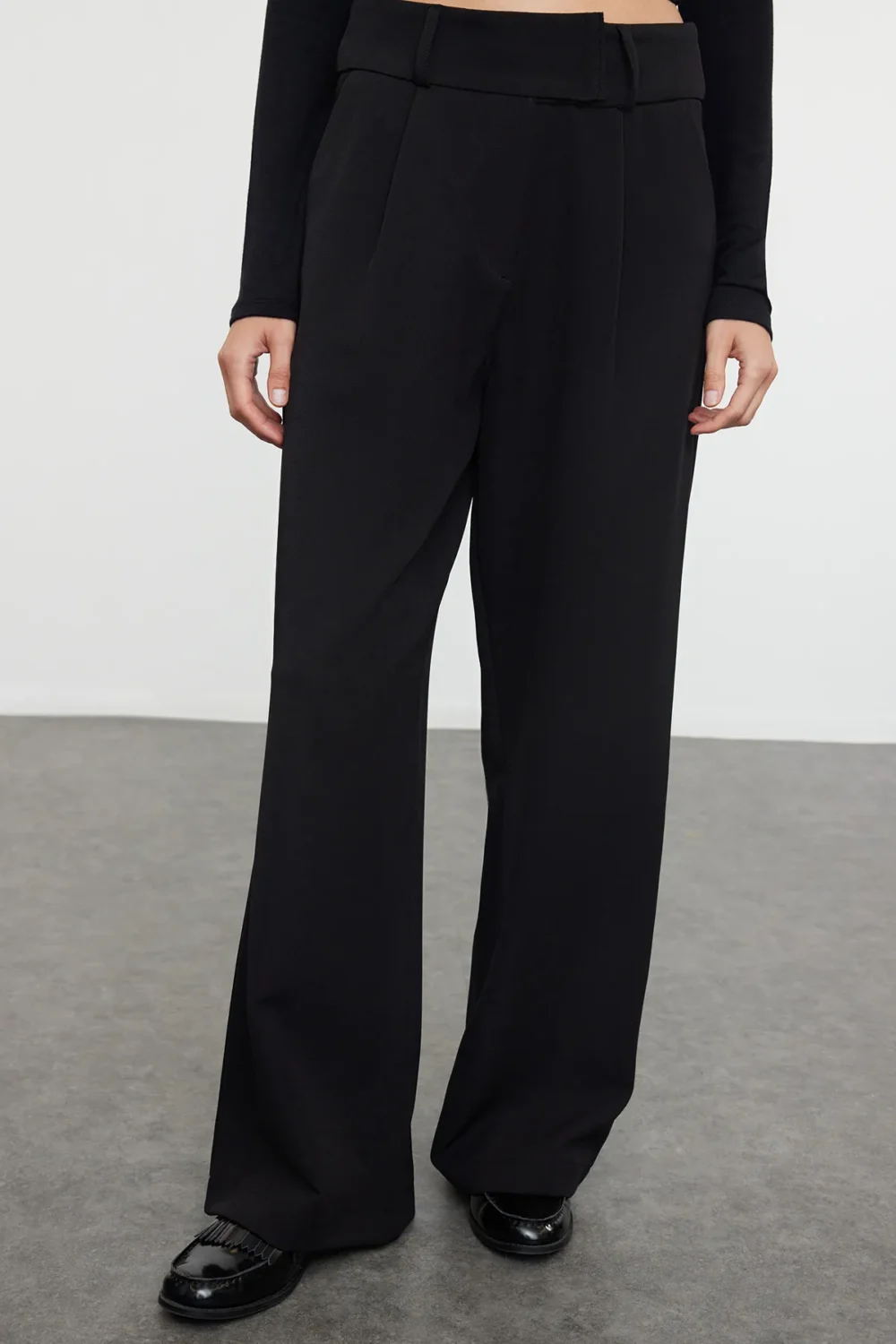 Black Waist Detailed Wide Leg/Wide Leg Woven Fabric Trousers - Image 4