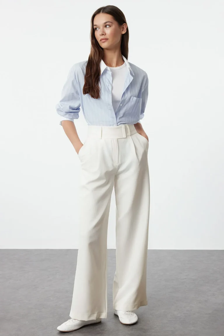 White Waist Detailed Straight Cut Woven Fabric Trousers