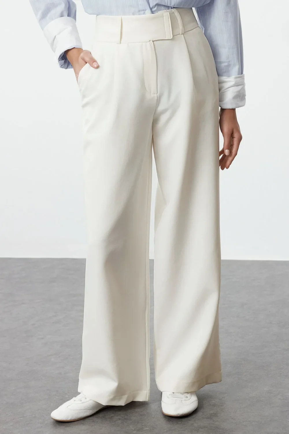 White Waist Detailed Straight Cut Woven Fabric Trousers - Image 5