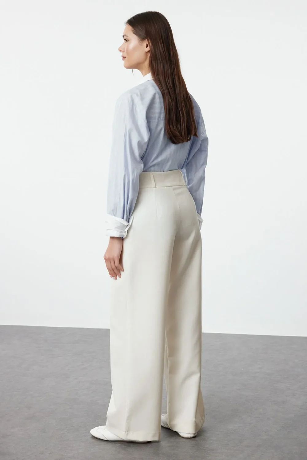 White Waist Detailed Straight Cut Woven Fabric Trousers - Image 6