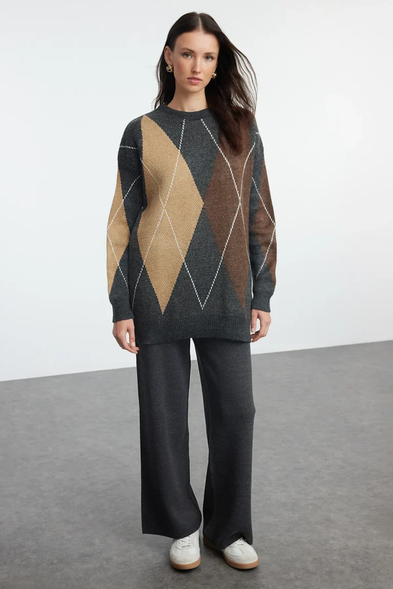 Anthracite Color Block Soft Texture Knitwear Bottom-Top Set