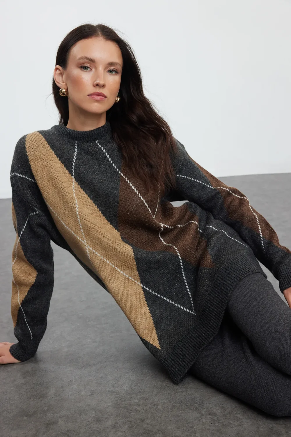 Anthracite Color Block Soft Texture Knitwear Bottom-Top Set - Image 3