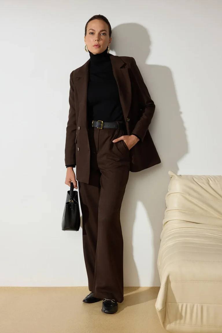 Brown Linen Look Woven Jacket Trousers Bottom-Top Set
