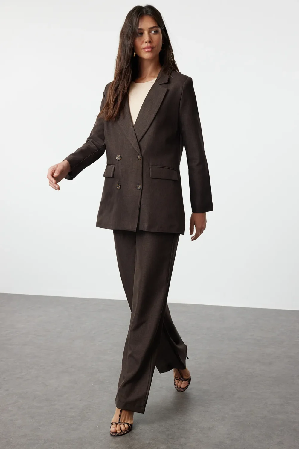 Brown Linen Look Woven Jacket Trousers Bottom-Top Set - Image 3