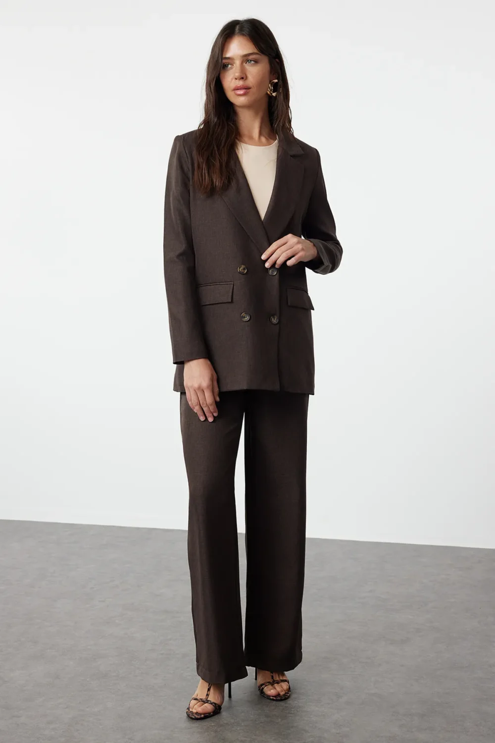 Brown Linen Look Woven Jacket Trousers Bottom-Top Set - Image 4