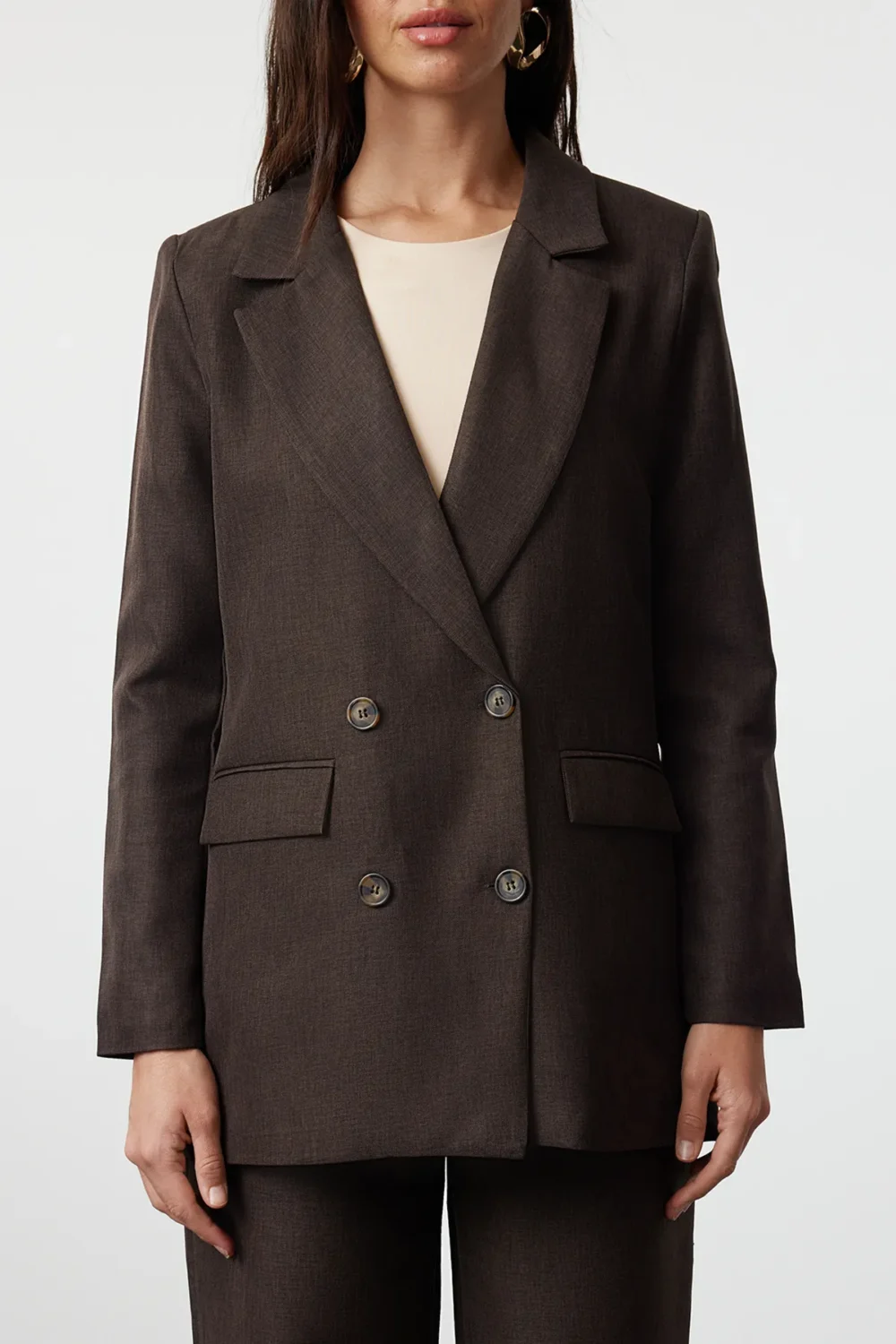 Brown Linen Look Woven Jacket Trousers Bottom-Top Set - Image 5