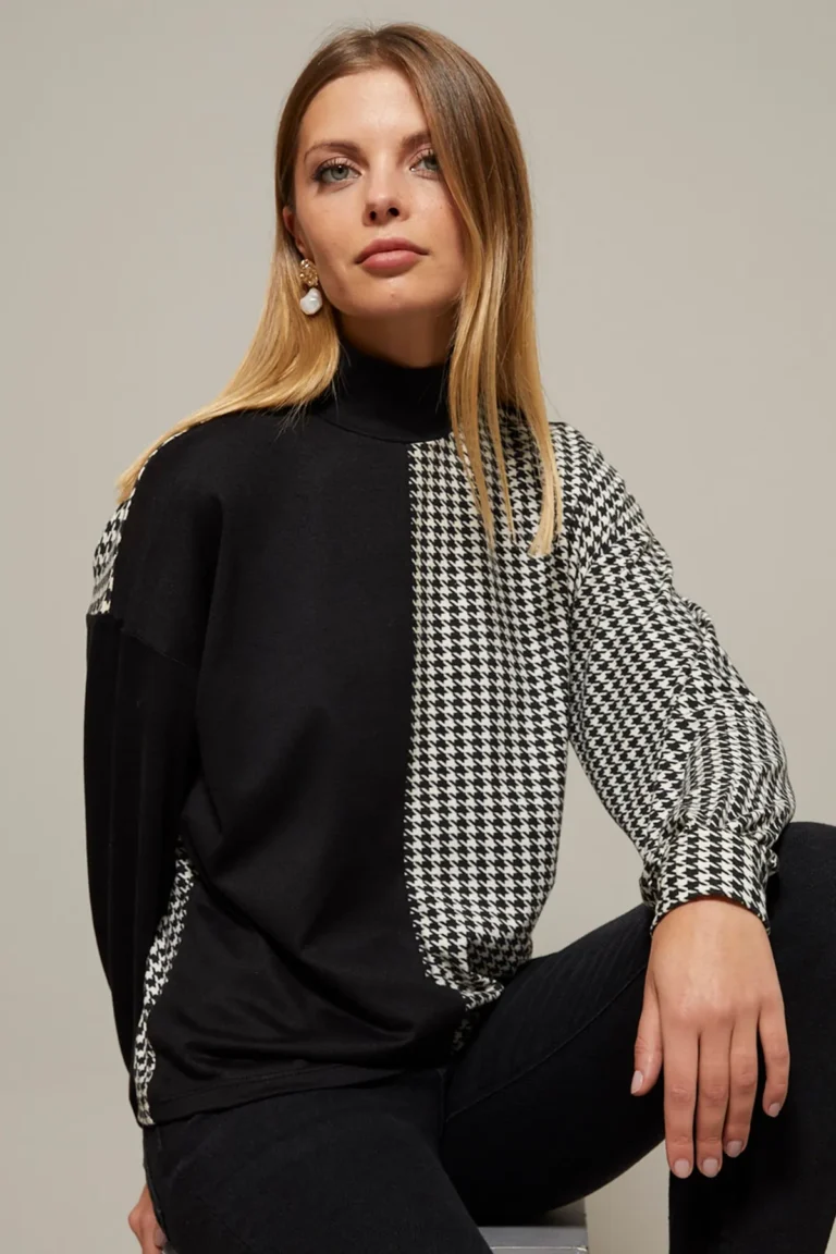 Women's Black-White Half Turtleneck Houndstooth Pattern Blouse