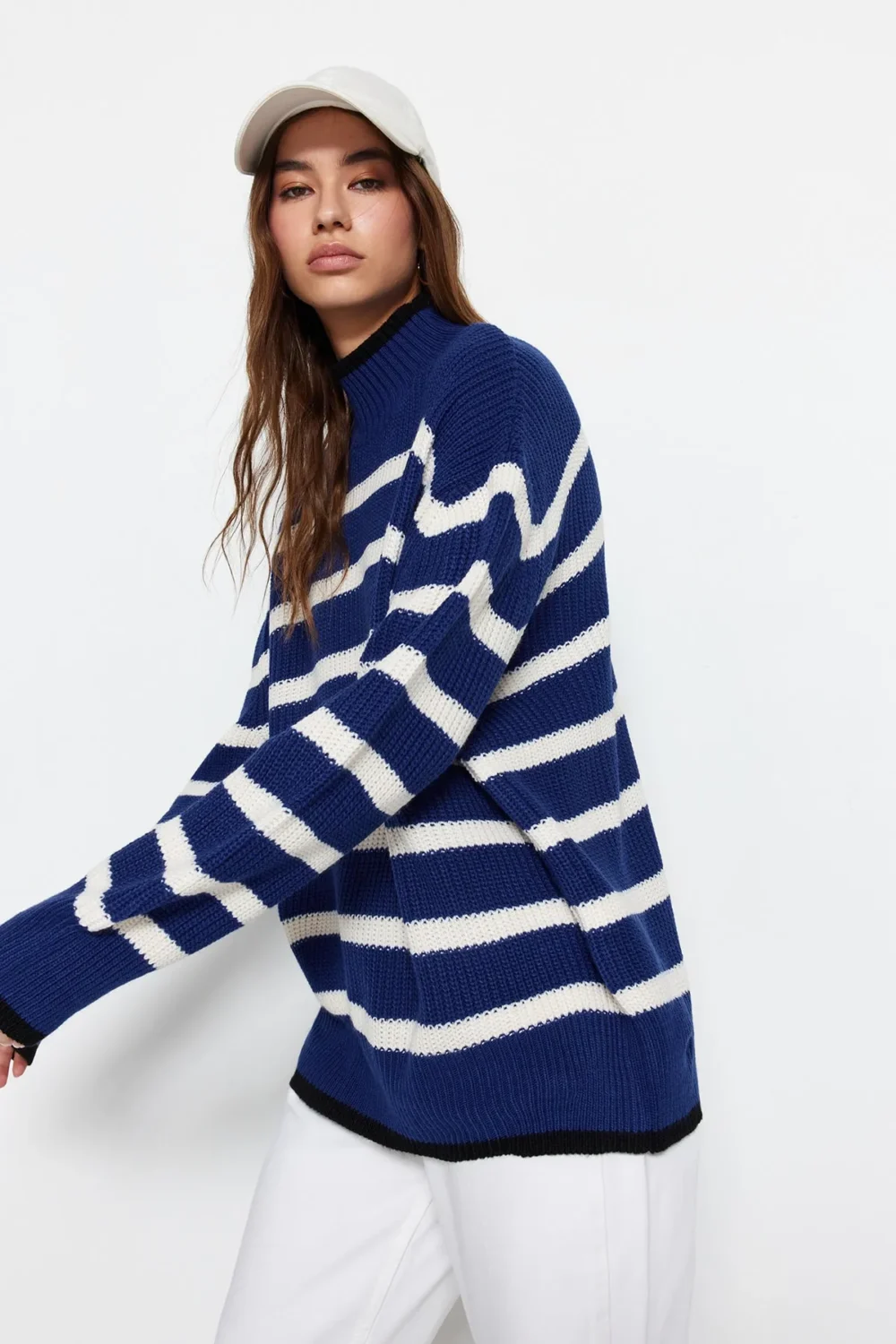 Blue Wide Pattern Striped Knitwear Sweater - Image 2