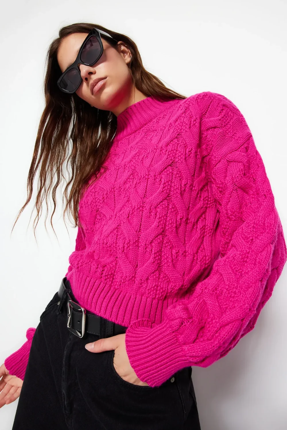 Fuchsia Crop Stand Collar Knitwear Sweater - Image 5