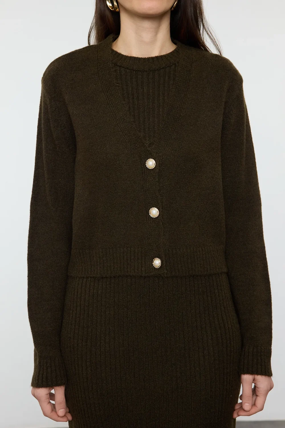 Dark Khaki Corduroy Soft Texture Knitted Dress Cardigan Set - Image 4